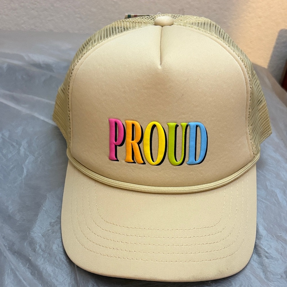 Beige Hat with Colorful 'Proud' Embroidery, new!  One size fits most. NWT